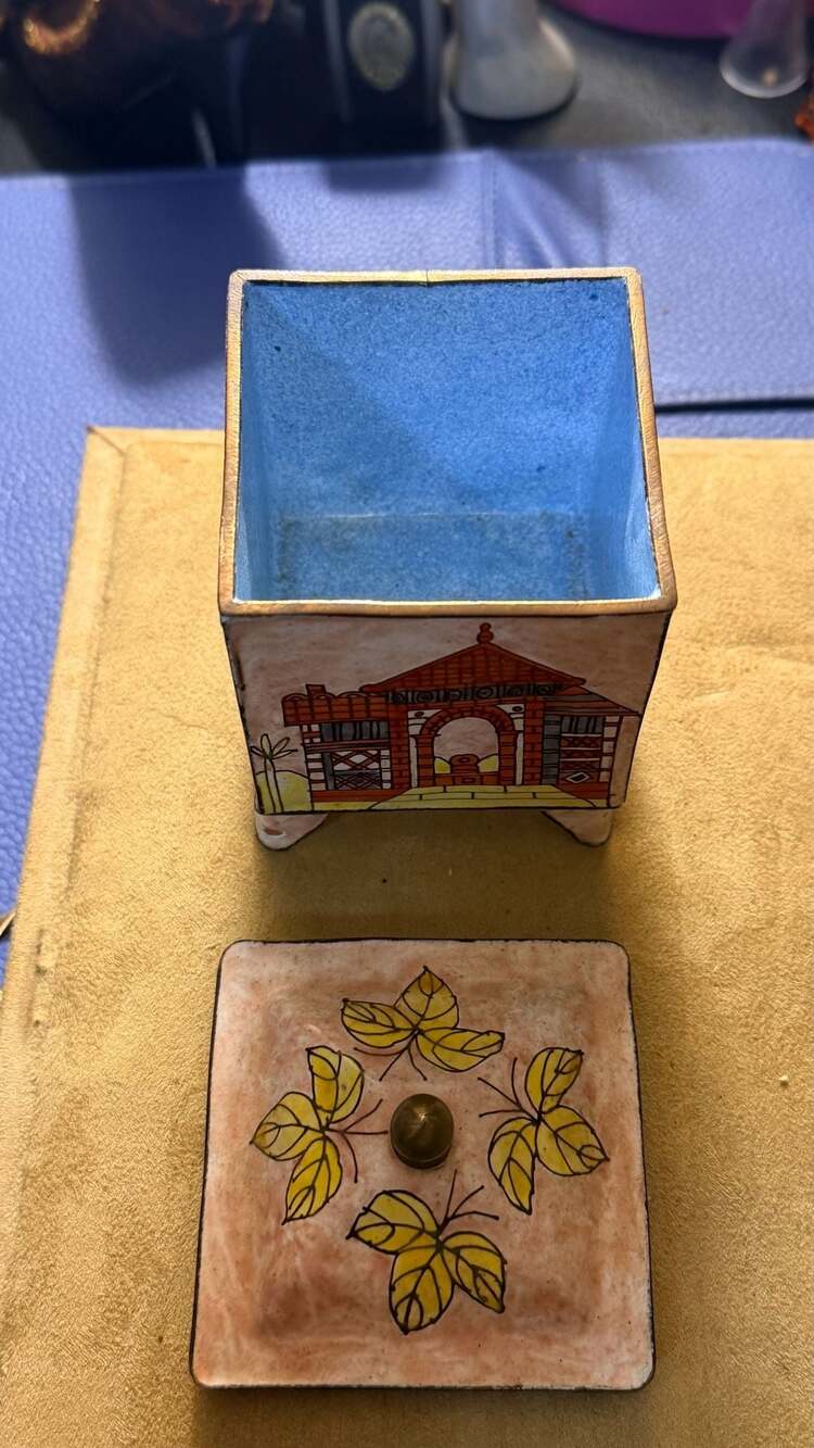 Vintage Hand-Painted Enamel Footed Trinket Box with Architectural and Leaf Motif